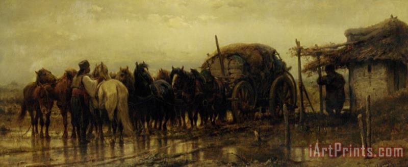 Hitching Horses painting - Adolf Schreyer Hitching Horses Art Print