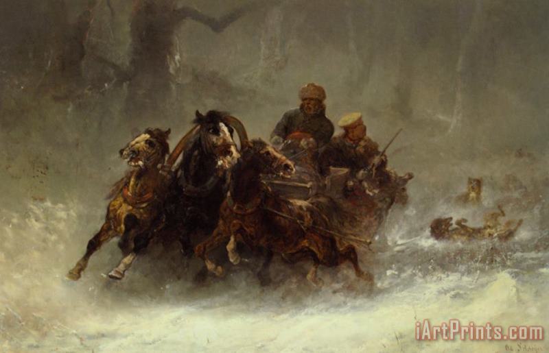 Adolf Schreyer Persued by Wolves Art Painting