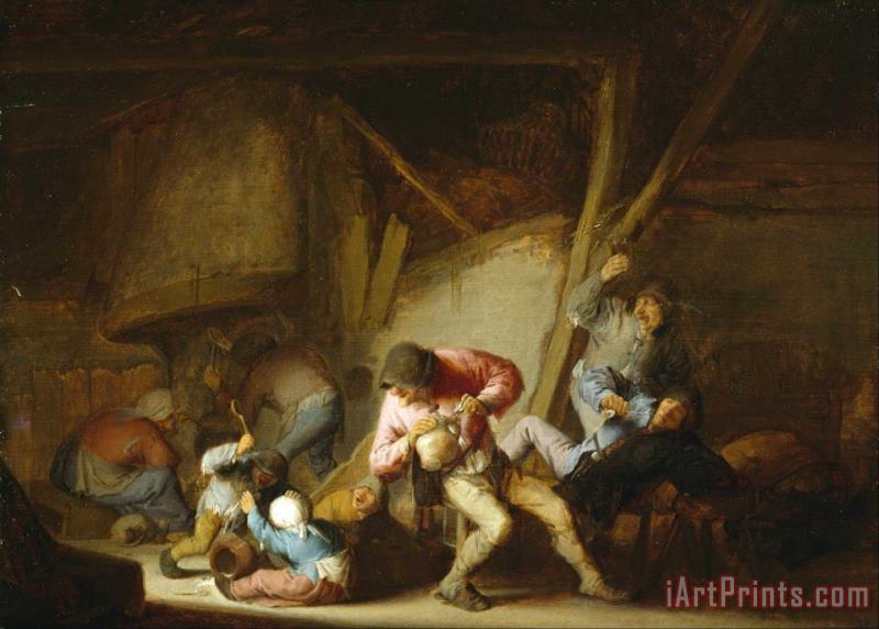Adriaen Van Ostade Interior with Drinking Figures And Crying Children Art Painting