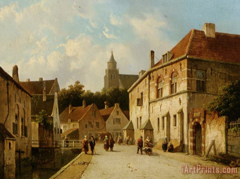 Adrianus Eversen Figures Along a Canal in a Dutch Town Art Painting