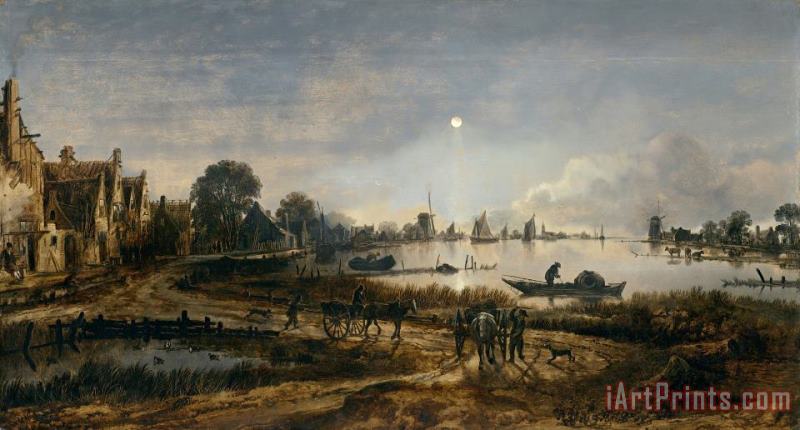 River View by Moonlight painting - Aert van der Neer River View by Moonlight Art Print