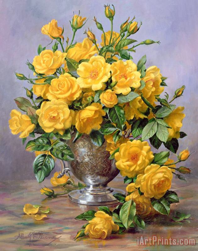 Albert Williams Bright Smile - Roses in a Silver Vase Art Painting