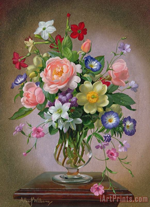 Roses Peonies And Freesias In A Glass Vase painting - Albert Williams Roses Peonies And Freesias In A Glass Vase Art Print