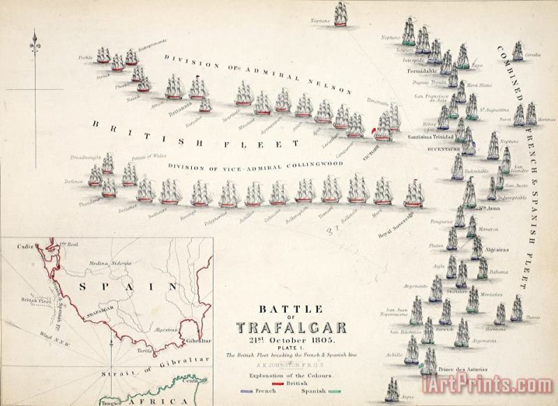 Alexander Keith Johnson Map Of The Battle Of Trafalgar Art Painting