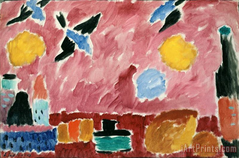 Alexei Jawlensky Still Life with Bottle, Bread And Red Wallpaper with Swallows Art Print