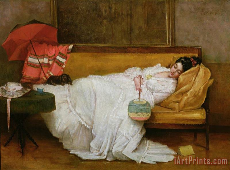 Alfred Emile Stevens  Girl in a white dress resting on a sofa Art Print