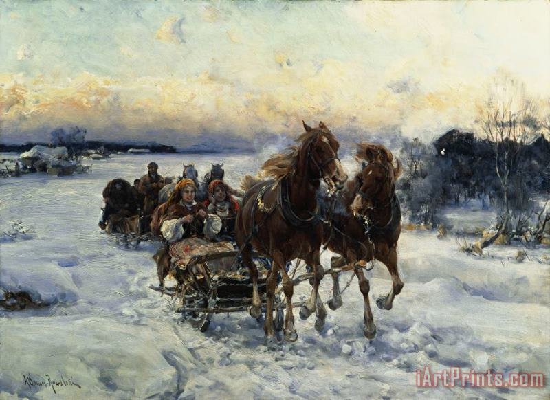 Alfred von Wierusz Kowalski The Sleigh Ride Art Painting