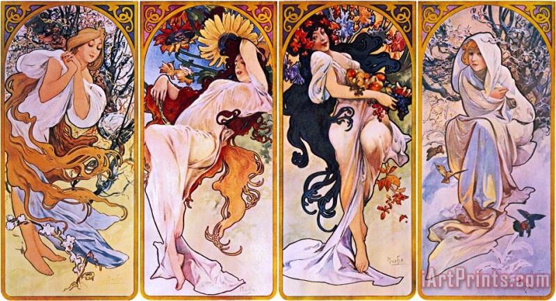 Cropped Print of Four Panels Each Depicting One of The Four Seasons Personified by a Woman painting - Alphonse Marie Mucha Cropped Print of Four Panels Each Depicting One of The Four Seasons Personified by a Woman Art Print