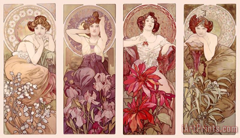 Alphonse Marie Mucha Precious Stones And Flowers Art Print