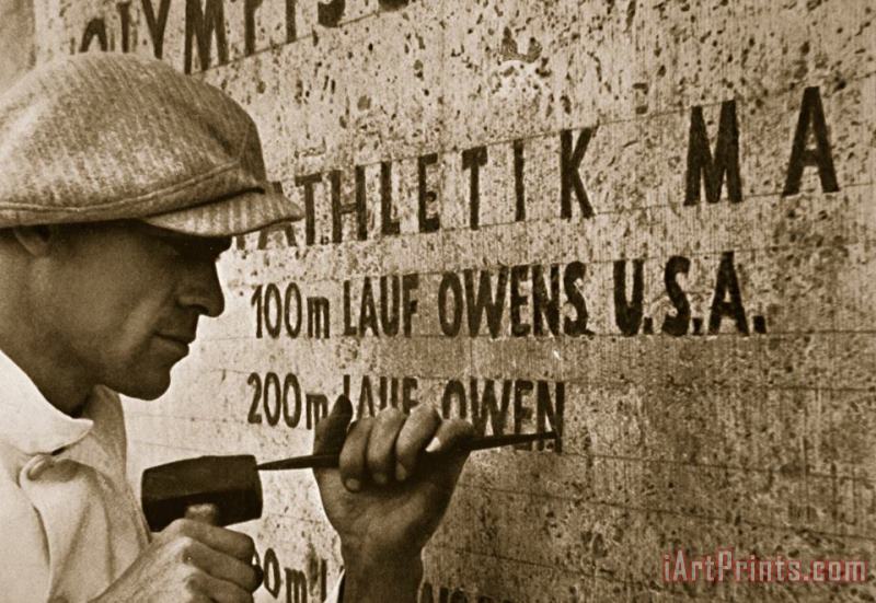Carving the name of Jesse Owens into the champions plinth at the 1936 Summer Olympics in Berlin painting - American School Carving the name of Jesse Owens into the champions plinth at the 1936 Summer Olympics in Berlin Art Print