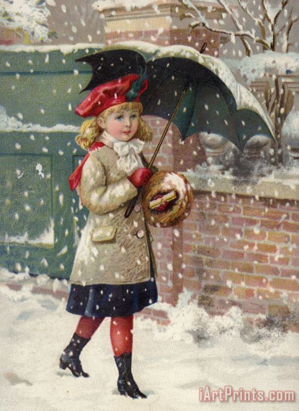 American School Girl With Umbrella In A Snow Shower Art Painting