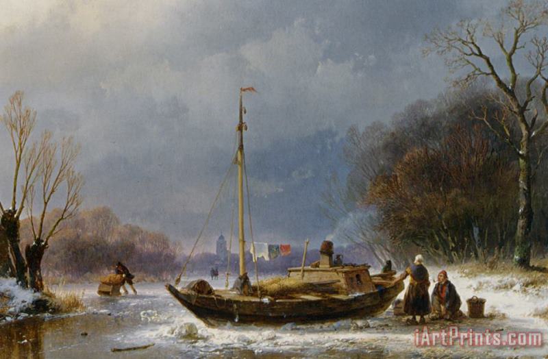 Andreas Schelfhout A Wintry Scene with Figures Near a Boat on The Ice Art Print