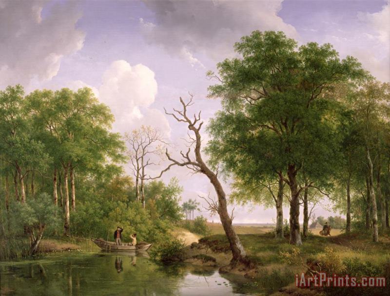 Andreas Schelfhout A Wooded River Landscape With Sportsmen In A Rowing Boat Art Print
