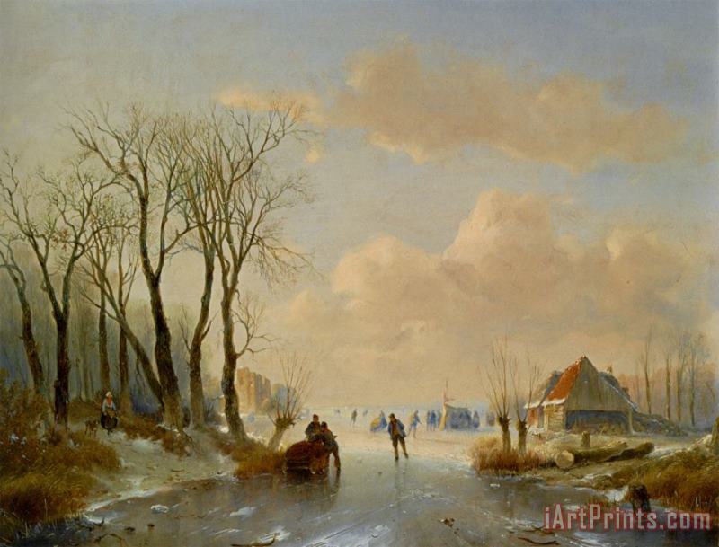 Andreas Schelfhout Skaters on The Ice with a Koek En Zopie in The Distance Art Painting