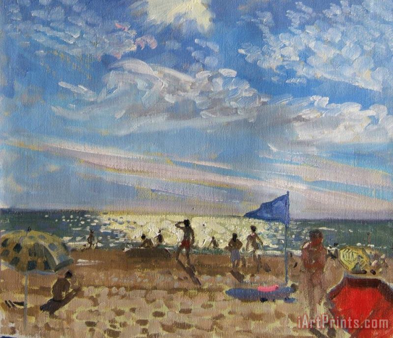 Blue flag and red sun shade painting - Andrew Macara Blue flag and red sun shade Art Print
