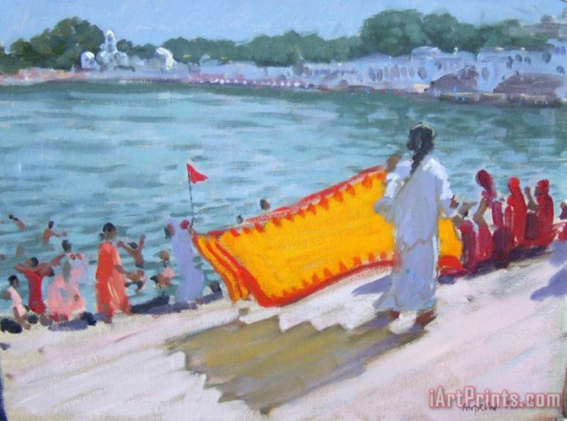Drying Sari Pushkar painting - Andrew Macara Drying Sari Pushkar Art Print