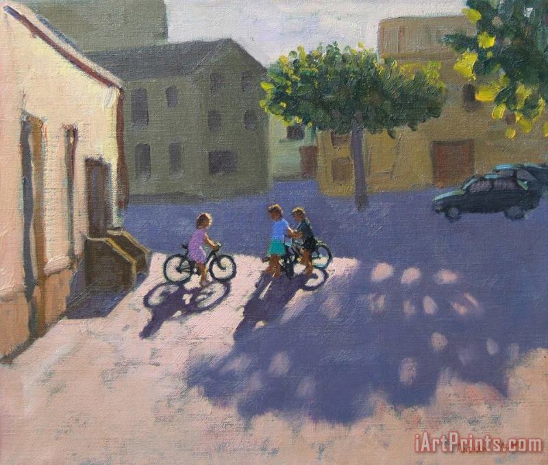 Andrew Macara Three children with bicycles in Spain Art Print