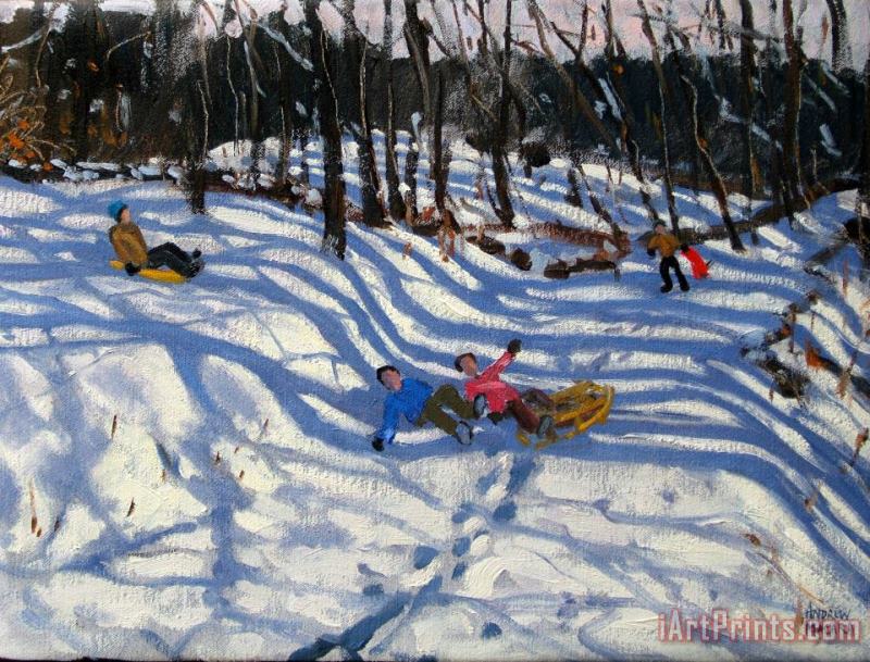 Andrew Macara Two boys falling off a sledge Art Print