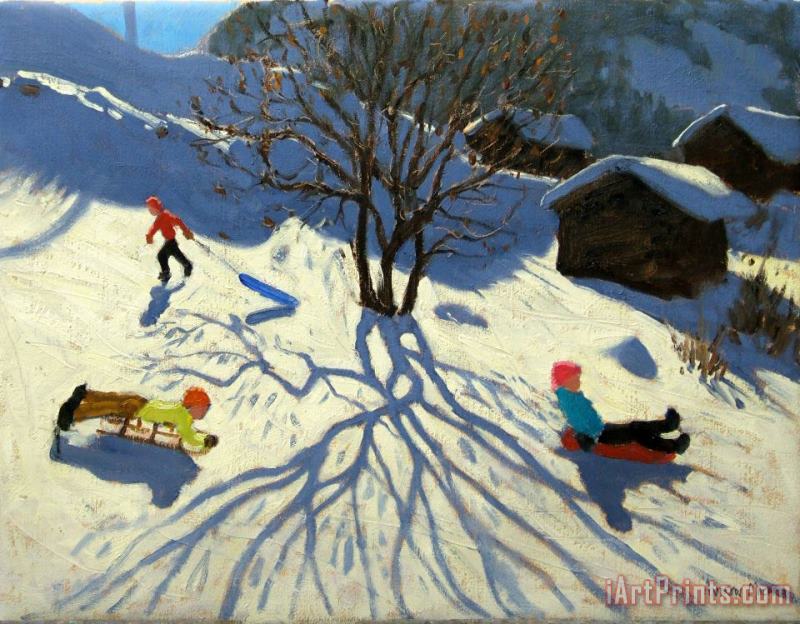 Winter hillside Morzine France painting - Andrew Macara Winter hillside Morzine France Art Print