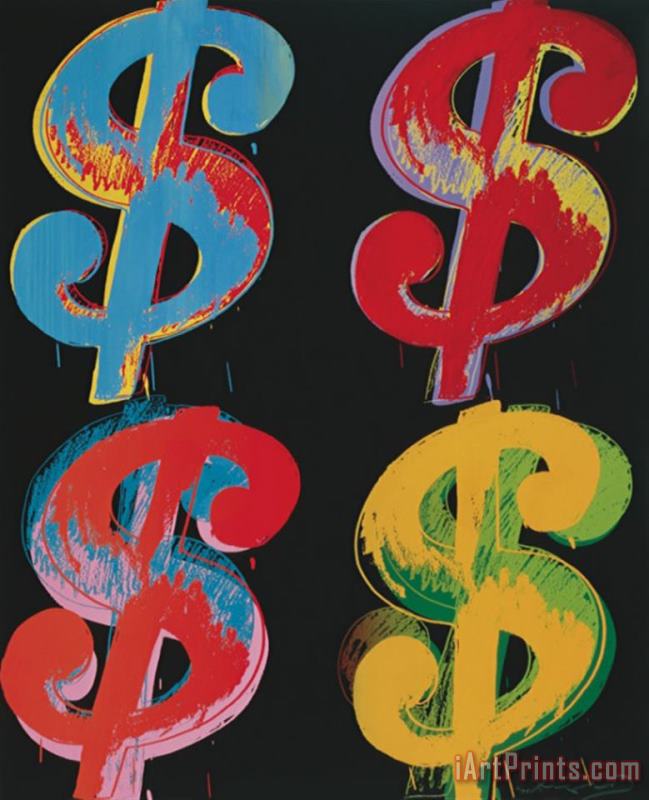Four Dollar Signs C 1982 Blue Red Orange Yellow painting - Andy Warhol Four Dollar Signs C 1982 Blue Red Orange Yellow Art Print