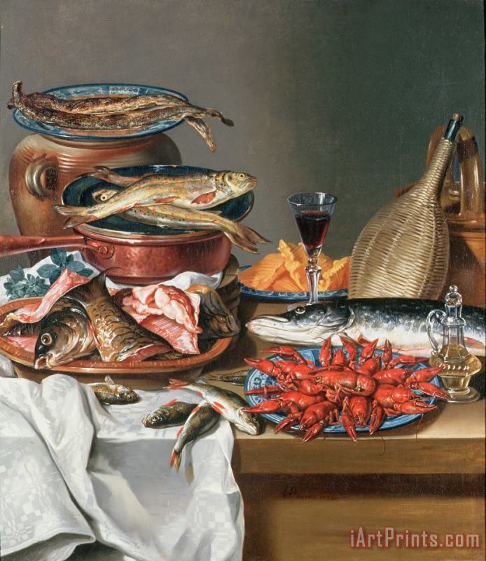 Anton Friedrich Harms A Still Life of a Fish Trout and Baby Lobsters Art Painting