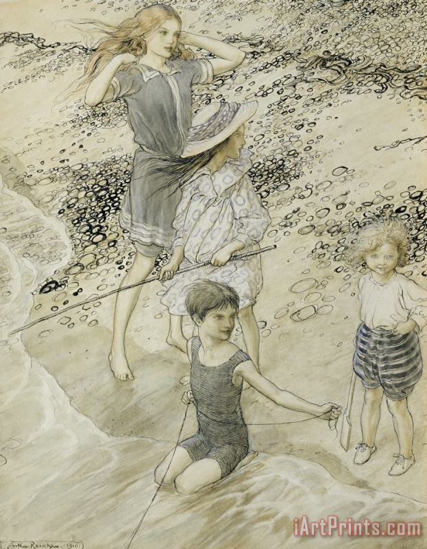 Four Children At The Seashore painting - Arthur Rackham Four Children At The Seashore Art Print