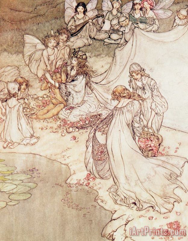 Illustration For A Fairy Tale Fairy Queen Covering A Child With Blossom painting - Arthur Rackham Illustration For A Fairy Tale Fairy Queen Covering A Child With Blossom Art Print