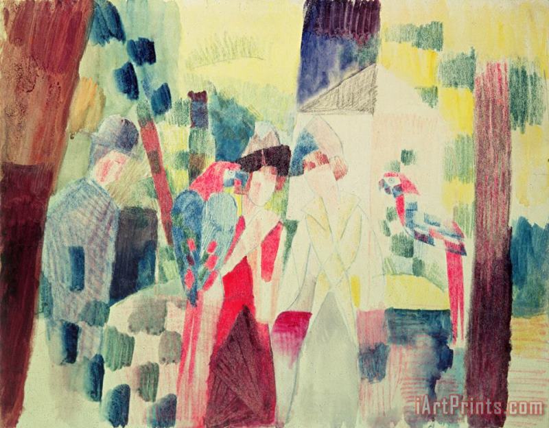 August Macke Two Women and a Man with Parrots Art Print
