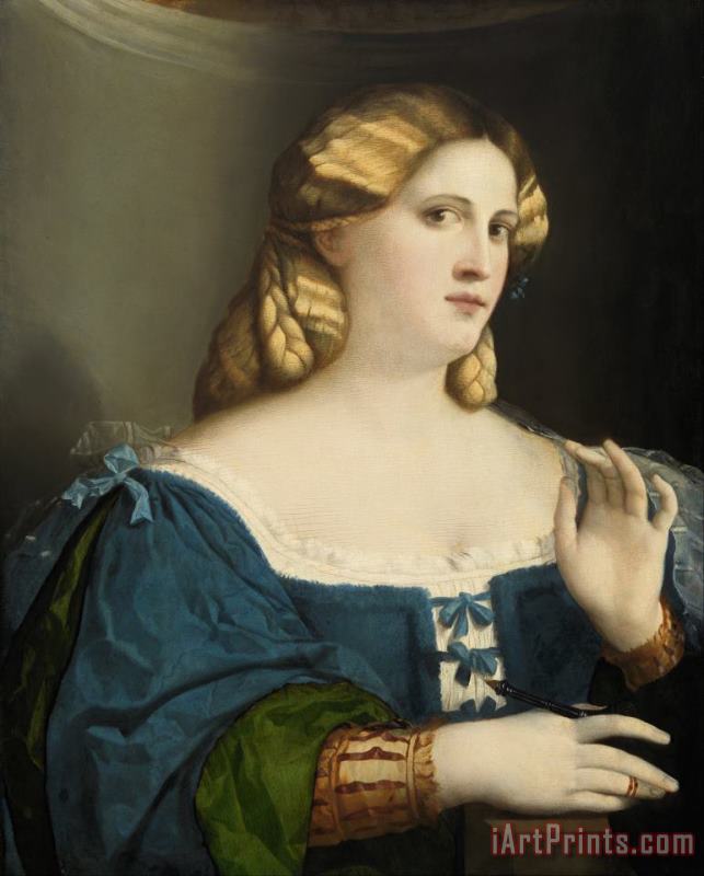 called Palma il Vecchio Jacopo Negretti Young Woman in a Blue Dress, with Fan Art Print