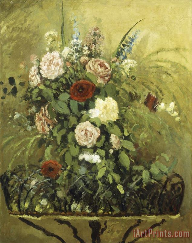 Bouquet of Flowers with a Rustic Wooden Jardiniere painting - Camille Pissarro Bouquet of Flowers with a Rustic Wooden Jardiniere Art Print