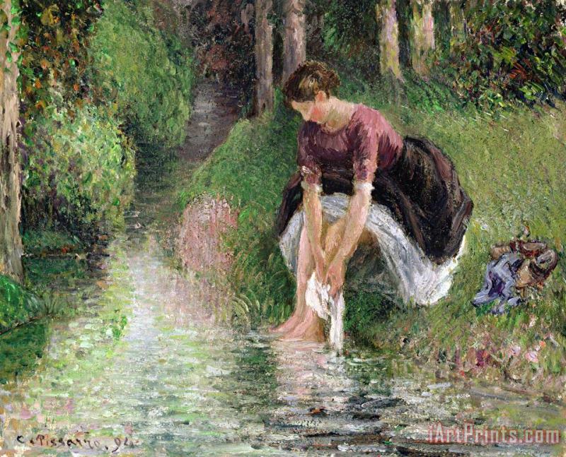 Camille Pissarro Woman Washing Her Feet in a Brook Art Painting