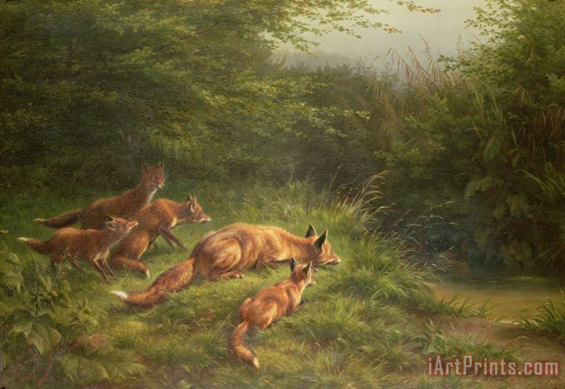  Foxes waiting for the prey painting - Carl Friedrich Deiker  Foxes waiting for the prey Art Print