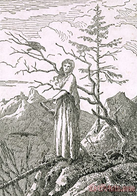 Caspar David Friedrich Woman with a Raven, on The Edge of a Precipice (woodcut) Art Painting