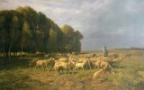 Charles Emile Jacque - Flock of Sheep in a Landscape painting