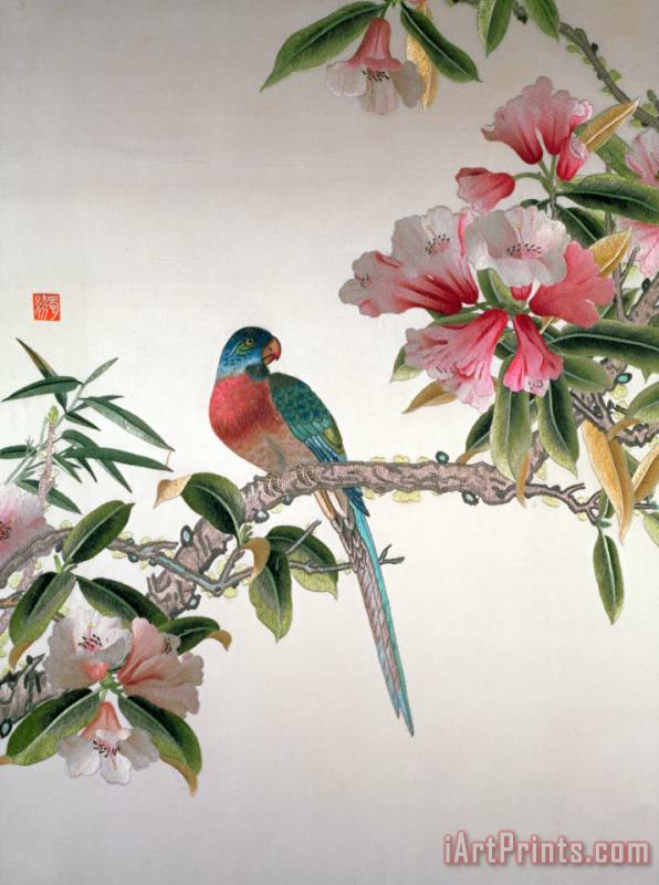 Chinese School Jay on a flowering branch Art Print