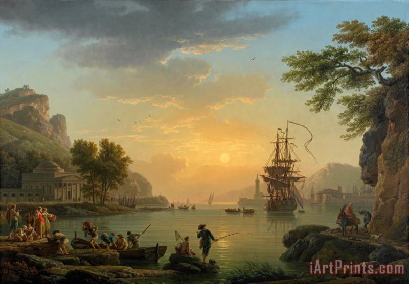 Claude Joseph Vernet A Landscape at Sunset with Fishermen Returning with Their Catch Art Painting