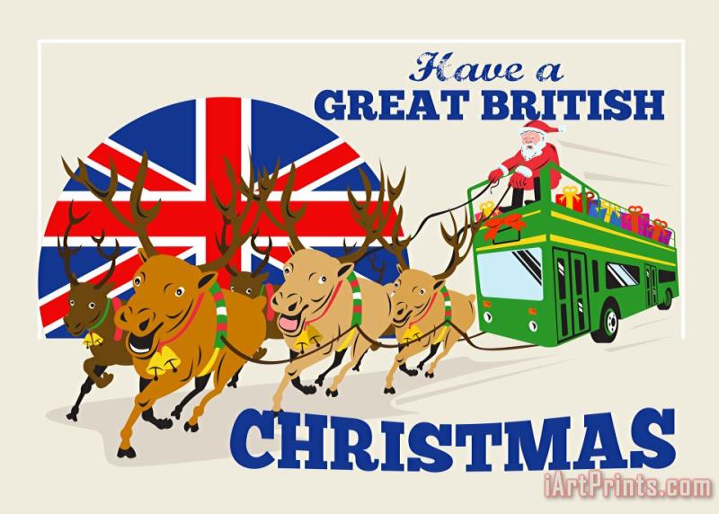 Great British Christmas Santa Reindeer Doube Decker Bus painting - Collection 10 Great British Christmas Santa Reindeer Doube Decker Bus Art Print