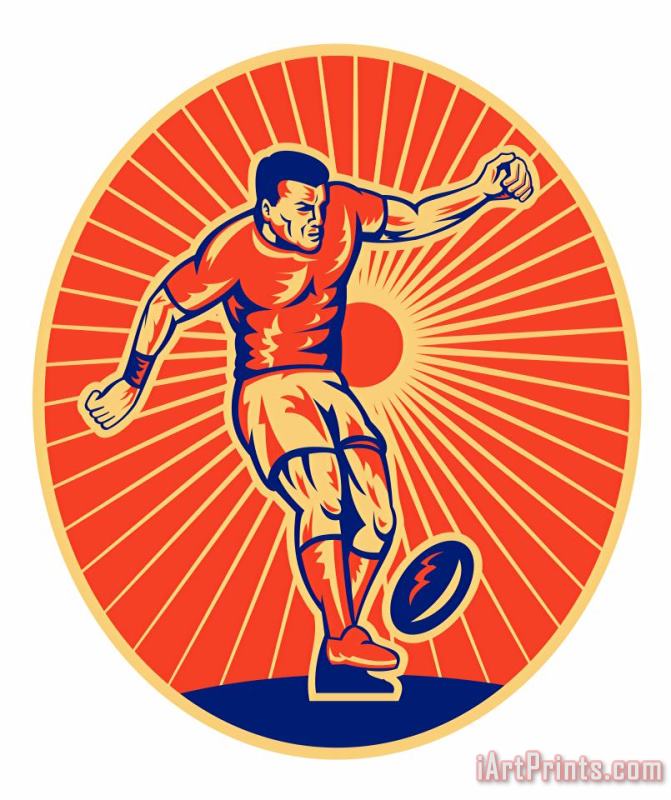 Rugby Player Kicking Ball Woodcut painting - Collection 10 Rugby Player Kicking Ball Woodcut Art Print