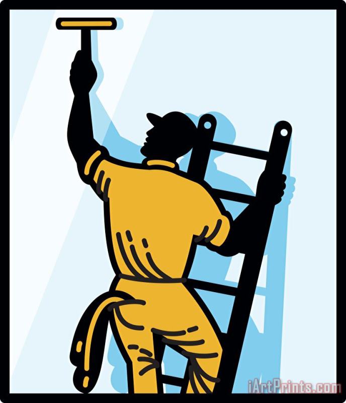 Window Cleaner Worker Cleaning Ladder Retro painting - Collection 10 Window Cleaner Worker Cleaning Ladder Retro Art Print