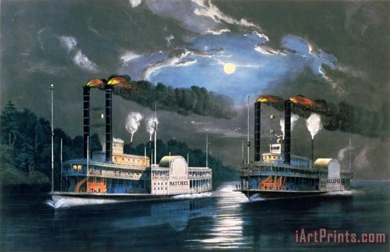 Currier and Ives A Midnight Race on the Mississippi Art Painting
