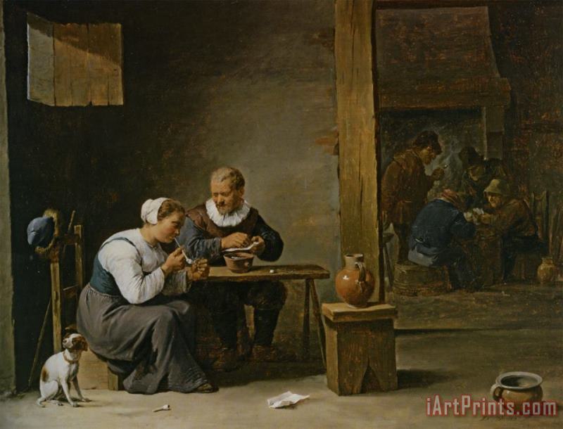 A Man And Woman Smoking a Pipe Seated in an Interior with Peasants Playing Cards on a Table painting - David the younger Teniers A Man And Woman Smoking a Pipe Seated in an Interior with Peasants Playing Cards on a Table Art Print