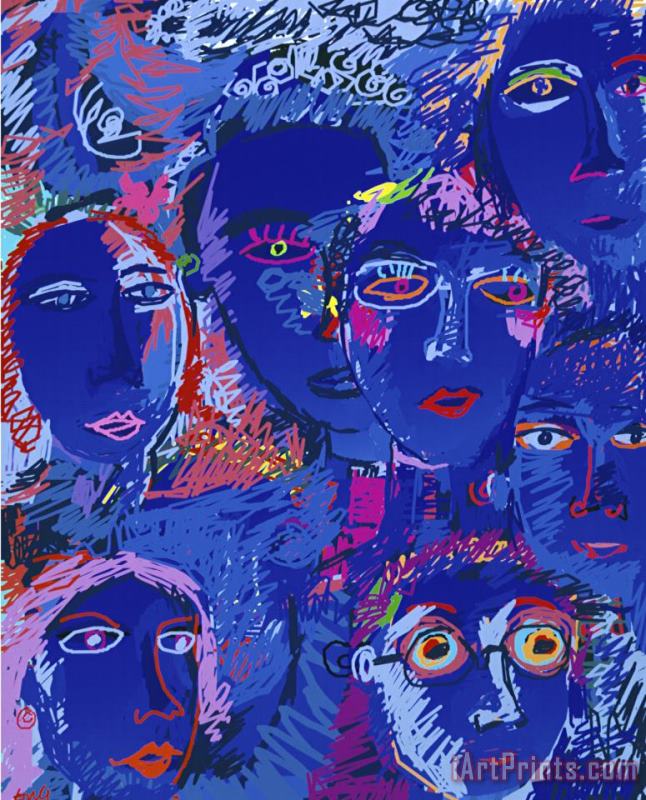 Blue Faces painting - Diana Ong Blue Faces Art Print