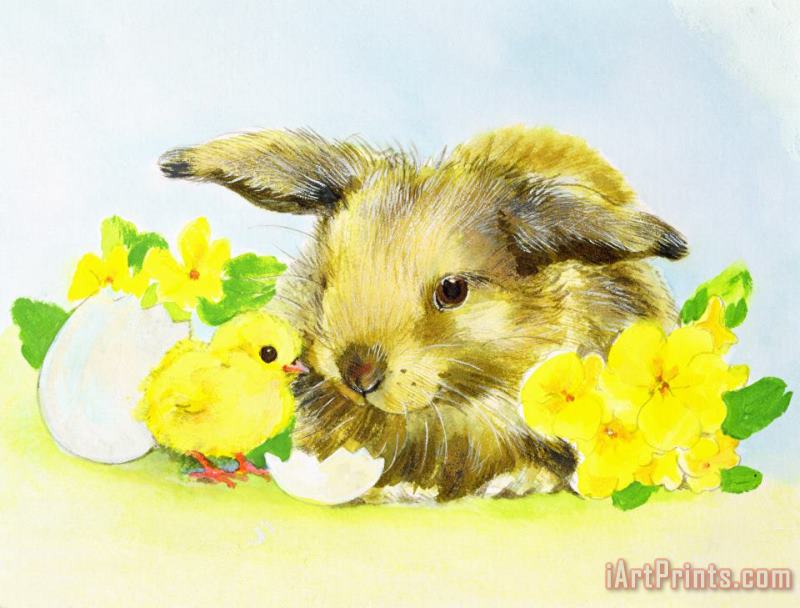 Easter Bunny With Primrose And Chick painting - Diane Matthes Easter Bunny With Primrose And Chick Art Print