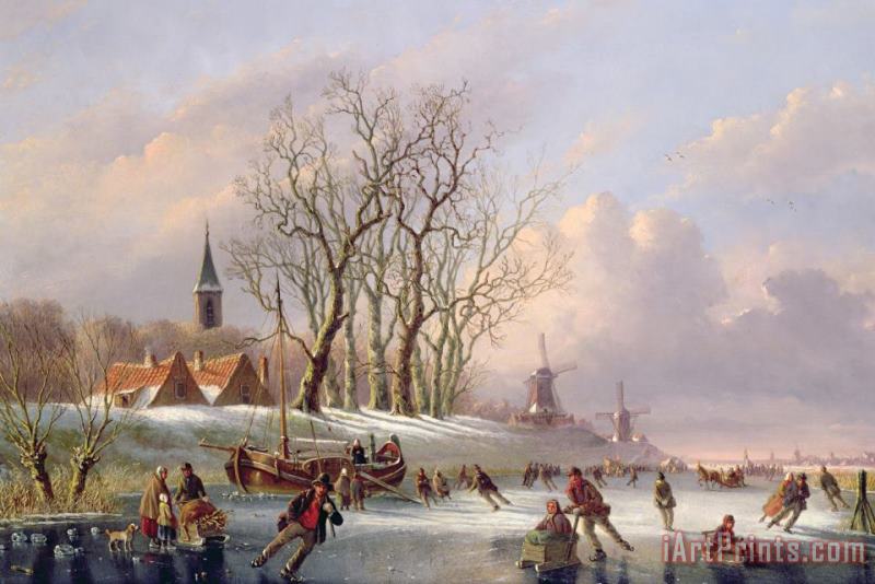 Dutch School Skaters on a Frozen River before Windmills Art Painting