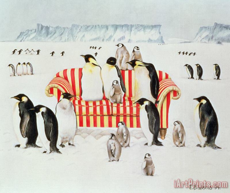 EB Watts Penguins On A Red And White Sofa Art Painting