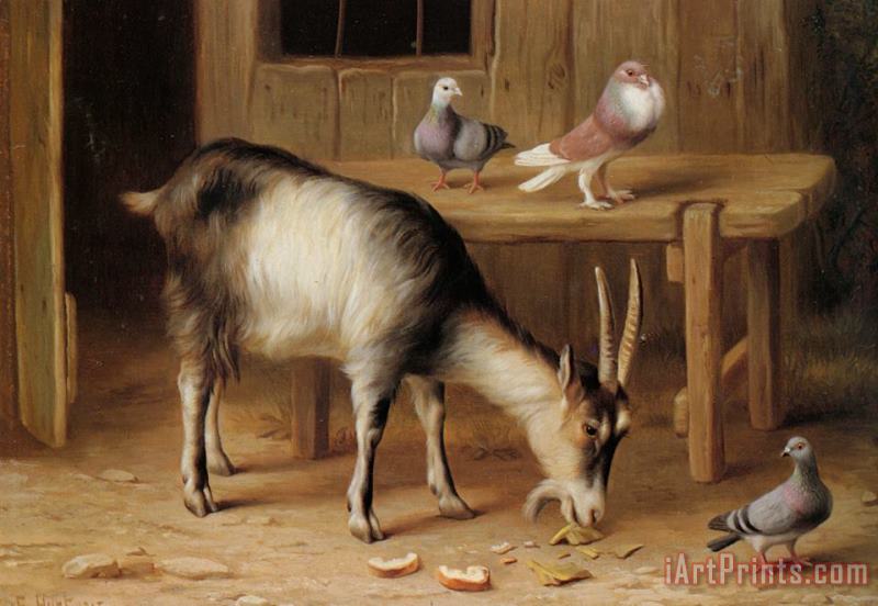 Edgar Hunt A Goat And Pigeons in a Farmyard Art Print