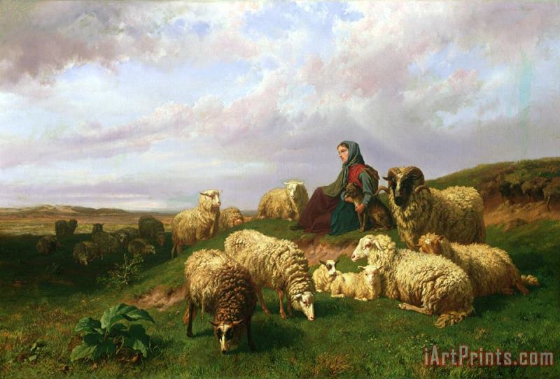 Edmond Jean-Baptiste Tschaggeny Shepherdess resting with her flock Art Print