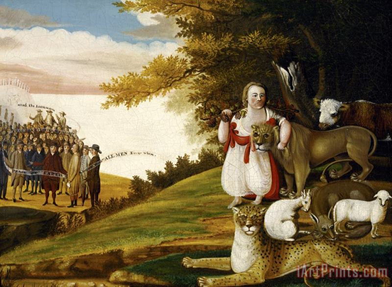 A Peaceable Kingdom with Quakers Bearing Banners painting - Edward Hicks A Peaceable Kingdom with Quakers Bearing Banners Art Print
