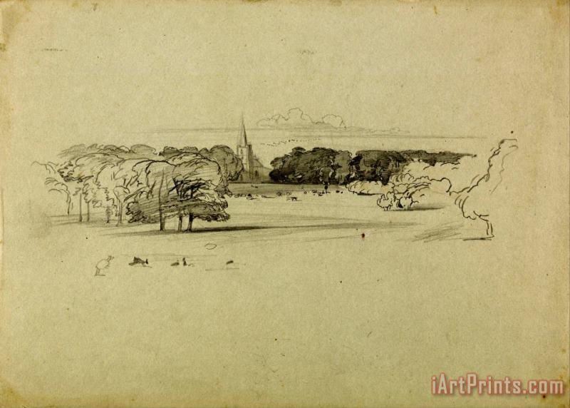 Edward Lear View Across a Meadow to a Church Art Print