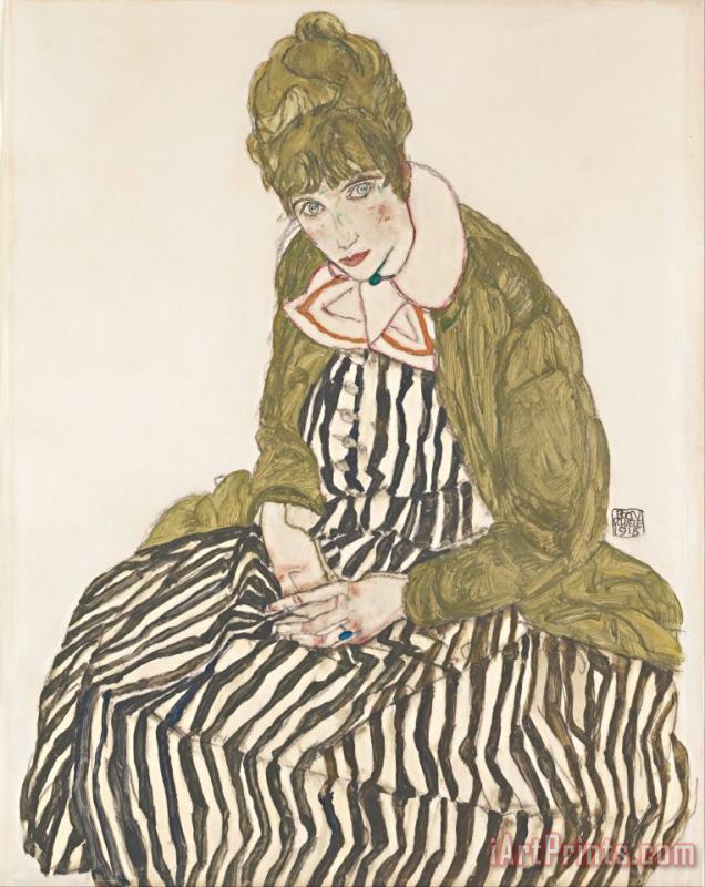 Edith with Striped Dress, Sitting painting - Egon Schiele Edith with Striped Dress, Sitting Art Print